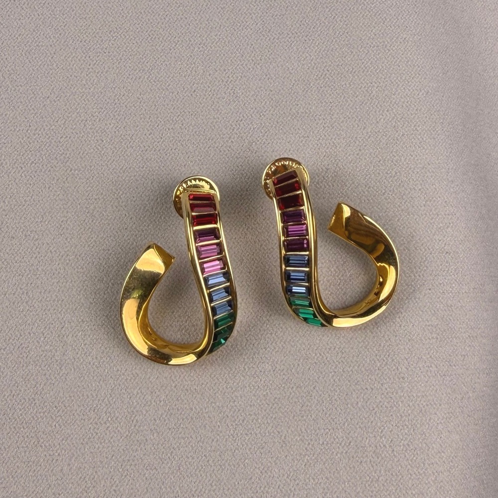 Swarovski Rainbow Baguette Crystal Women Hoop Earrings Gold Maximalist Y2K